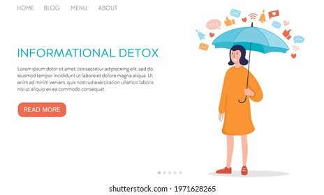 Vector flat illustration landing page or template social networks and informational detox. Concept: Woman stay under umbrella from information notifications
