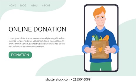 Vector flat illustration landing page or template online donation. Man from phone give support with food online.