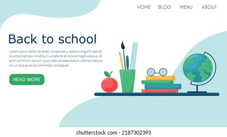 Vector flat illustration landing page or template back to school subjects on table: globe, glasses, ruler, apple, pencil, brushes, books.