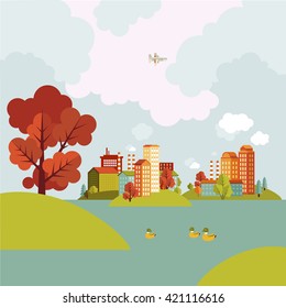 Vector flat illustration. Landscape with city in flat style. Background with city View. Modern city district.