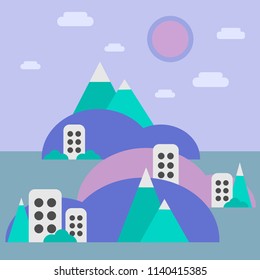 Vector flat illustration with landscape and house. Sun and trees.