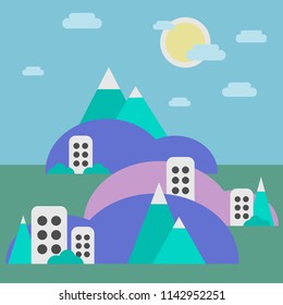 Vector flat illustration with landscape and house. Sun and trees.