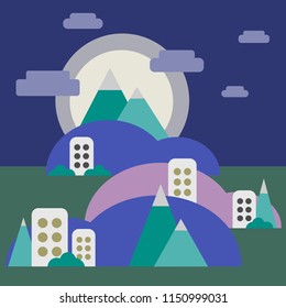 Vector flat illustration with landscape and house. Moon and trees.