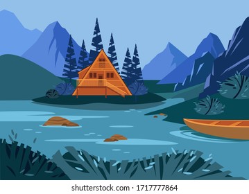 
Vector flat illustration of landscape. Mountains, river, forest house, vegetation, boat, bushes, trees, pines, spruce. Suitable for background, screensaver, postcard, wallpaper, site, banner, print 