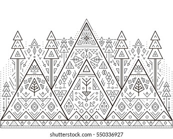 Vector flat illustration. Landscape with mountains and trees. Symbols of tourism and adventures, travel and nature. Line style. Design for banner, background, card.