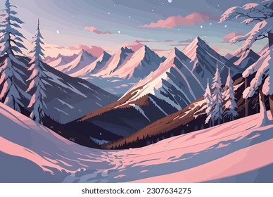 ilustración plana vectorial del paisaje con montaña de nieve y bosque.