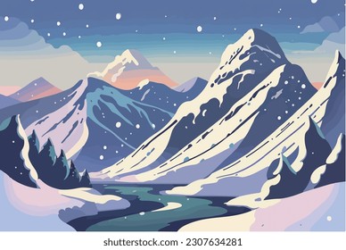 vector flat illustration of landscape with snow mountain and forest.