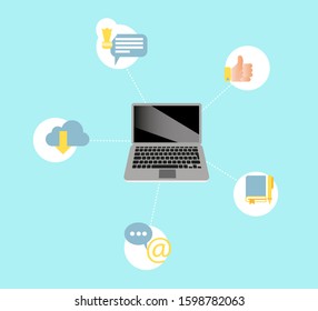 Vector flat illustration of a laptop from which icons have to do with connectivity and internet