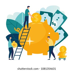 Vector flat illustration, a large piggy bank in the form of a piglet on a white background, financial services, small bankers are engaged in work, saving or accumulating money, a coin box with falling Vector flat illustration, a large piggy bank in the form of a piglet on a white background, financial services, small bankers are engaged in work, saving or accumulating money, a coin box with falling