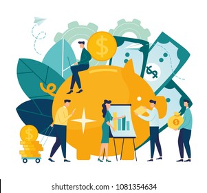 Vector flat illustration, a large piggy bank in the form of a piglet on a white background, financial services, small bankers are engaged in work, saving or accumulating money,  vector