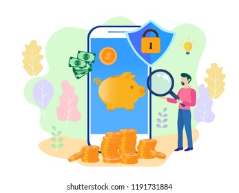 Vector flat illustration, a large piggy bank in the form of a piglet and a phone with a schedule, financial services, online savings or the accumulation of money, a coin box with falling coins, curren
