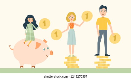 Vector flat illustration, a large piggy bank in the form of a piglet on a light background, financial services, family save or accumulating money. Stack of coins