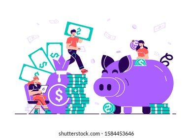 Vector flat illustration, a large piggy bank in the form of a piglet on a white background, financial services, small bankers are engaged in work, saving or accumulating money, a coin box with falling