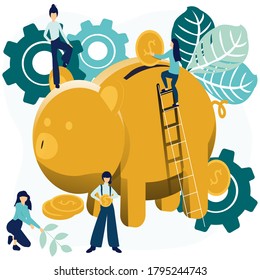 Vector flat illustration, a large piggy bank in the form of a piglet on a white background, financial services, small bankers are engaged in work, saving or accumulating money, a coin box with falling