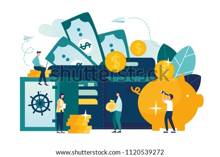Vector flat illustration, large piggy bank in the form of a pig on a white background, open purse, financial services, small bankers are engaged in work, saving or accumulating money, a box of coins w