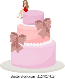 vector flat illustration of a large three-tiered pink cake with bows and a mastic girl