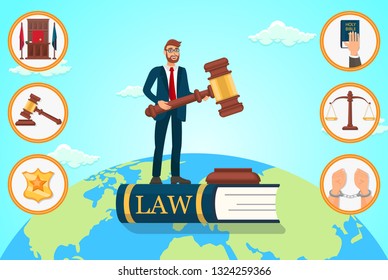 Vector Flat Illustration Lawyer Relies On Law. Man In Business Suit Is Standing On Book With An Inscription Law In Hands Holding Judges Gavel. Judge Place Badge Police Officer Oath On Bible Scales.