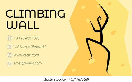 Diseño de ilustración plana vectorial, plantilla de tarjeta de visita de tamaño estándar 90x50. El logotipo se representa como una persona abstracta y simplificada en la pared de escalada.