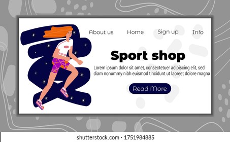 Vector flat illustration layout, home page template, landing page, web design of sportswear store. It shows young woman running marathon on starry abstract background. There are menu buttons.