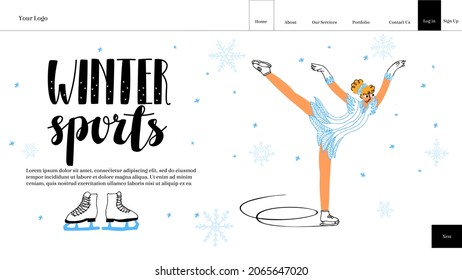 Vector flat illustration layout, landing page template, home page of sports, winter clothing store with buttons. There is lettering, buttons, figure skater on ice, she stands on one leg in an arc pose