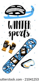 Vector flat illustration layout, postcard template with winter sports equipment and lettering Winter sports. A skeleton sled, snowboard, gloves, ski goggles are depicted.
