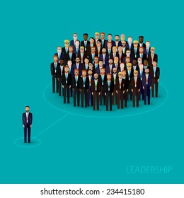 vector flat illustration of a leader and a team. a crowd of men (business men or politicians) wearing suits and ties. leadership concept