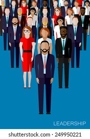 vector flat illustration of a leader and a team. a crowd of men and women (business people or politicians). leadership concept 