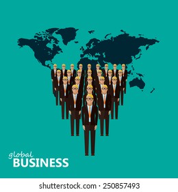 vector flat illustration of a leader and a team. a group of men (business men or politicians) wearing suits and ties. leadership or global business concept. transnational corporate structure 