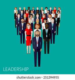 vector flat illustration of a leader and a team. a crowd of men and women (business people or politicians). leadership concept 