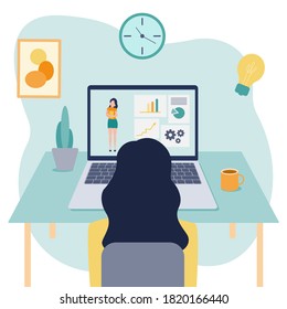 Vector flat illustration of learning online at home. The girl is sitting in front of her laptop and looking at the screen.