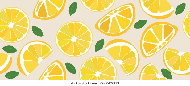Vector flat illustration. Lemon halves with leaves on a light background. Seamless background for your design. Ideal for advertising, packaging, textiles or posters.