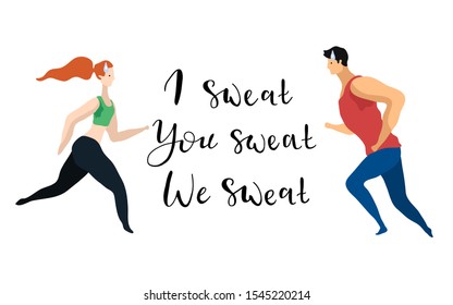 Vector flat illustration with lettering about the problem of hyperhidrosis, sweating in running people involved in sports. Athletic man and woman run to each other with spots on armpits.