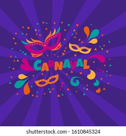 Vector flat illustration, lettering, Carnival masks, decoration, isolated objects.