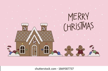 Vector flat illustration with lettering, gingerbread house, gingerbread man, cookies, sweets and caramel canes. Fabulous Christmas house. Free space for your text. Christmas greeting card or poster.