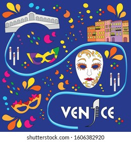 Vector flat illustration, lettering. Venice carnival decoration, venetian comb symbol.