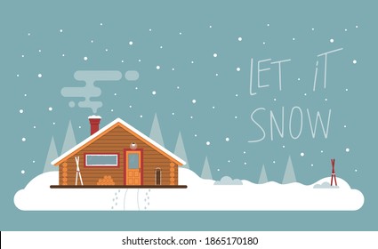 Ilustración vectorial plana con letras y nevado blanco paisaje navideño de invierno y casa de campo en los bosques de nieve. Casas suburbanas cubiertas de nieve. Tarjeta de felicitación de Navidad, diseño web, afiche.