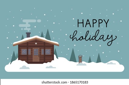 Ilustración vectorial plana con letras y nevado blanco paisaje navideño de invierno y casa de campo en los bosques de nieve. Casas suburbanas cubiertas de nieve. Tarjeta de felicitación de Navidad, diseño web, afiche.