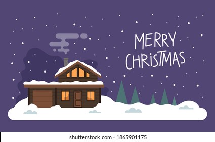 Vektorflache Illustration mit pünktlicher und weißer, schneebedeckter Winterweihnachtslandschaft und Landhaus im Schneewald. Vorstädte bedeckten Schnee. Für Ihren Text. Weihnachtsgrußkarte, Poster