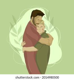 Vector flat illustration of an Lgbt couple who are gently embracing each other. A happy family of homosexuals.