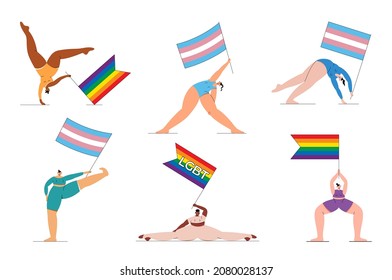 Vector flat illustration with LGBT group of people standing in yoga poses with transgender and rainbow flags in their hands.