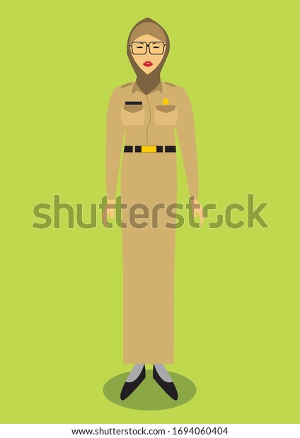ベクターフラットイラスト 緑の背景にインドネシアの公務員 Asn Pns の制服と眼鏡をかけた薄茶色の肌をしたイスラム教徒の女性 のベクター画像素材 ロイヤリティフリー