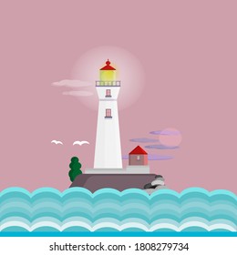 Vector flat Illustration of a lighthouse. Lighthouse in the ocean for navigation illustration. Landscape of the island.
