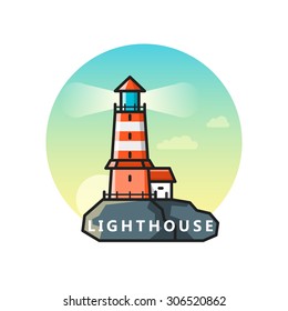 Vector flat illustration of lighthouse on rocks. Outline design logo template