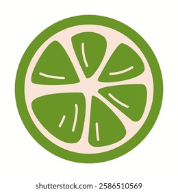Vector flat illustration of a lime slice with a bright green peel and juicy segments. Simple and minimal citrus fruit representation.
