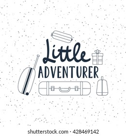 Vector flat illustration Little ADVENTURER lettering with suitcases. Baby pattern