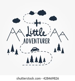 Vector flat illustration Little ADVENTURER lettering with car, plane, mountains and forest tree. Baby pattern.