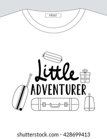 Vector flat illustration Little ADVENTURER lettering with suitcases. Baby print for t-shirt.