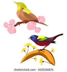 Vector flat illustration of little birds sitting on flower branches on white background. Element for design. Set. Sacura.