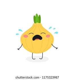 Vector flat illustration of little bow onion crying out loudly, isolated on white background 