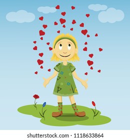 vector flat illustration of a little girl standing on a green lawn in a green dress among the flowers spreading her hands to the sides of which the hearts rise